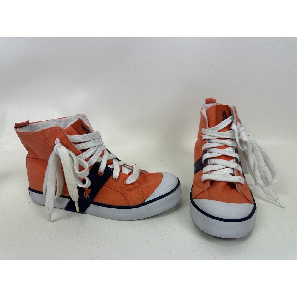 POLO RALPH LAUREN Conrad Orange Navy Canvas Lace Up Shoes Hi Tops Youth Size 4